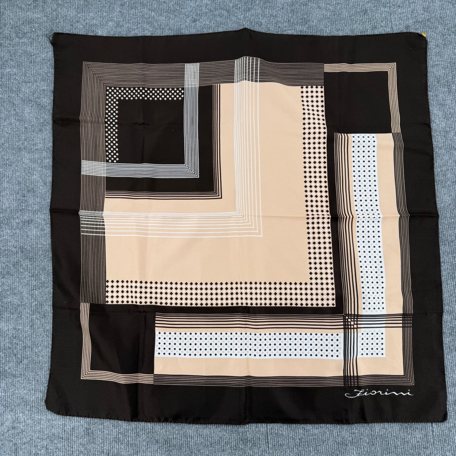 Fiorini Vintage Brown Geometric Silk Square Scarf Italian Made Logo Charm 30in